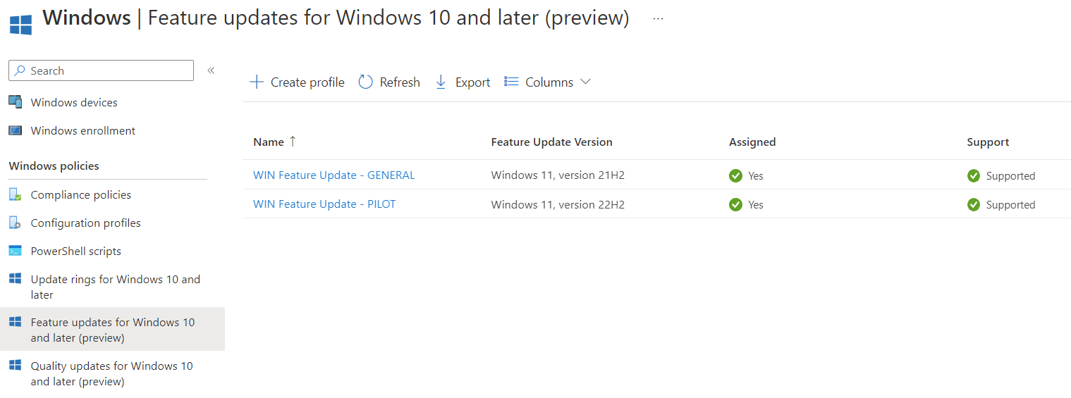 Windows feature update support status in Intune